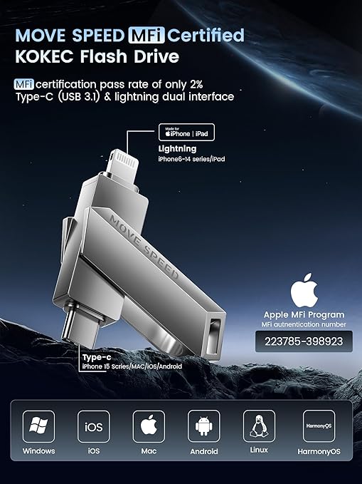 MOVE SPEED 128GB MFi Certified Flash Drive for iPhone