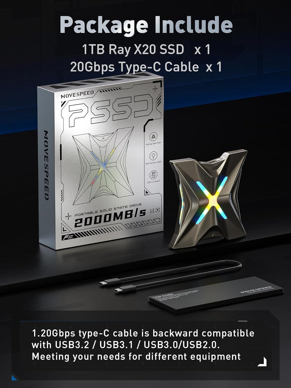 MOVE SPEED RX20 1TB/2TB 2000MB/s Portable SSD USB-C USB 3.2 Gen 2x2